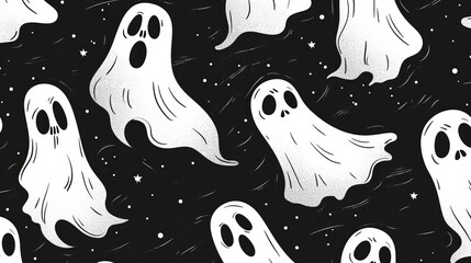 Wall Mural - Seamless halloween ghost pattern illustration – black and white october holiday spirit characters. Fun and spooky autumn party wallpaper texture featuring doodle-style ghosts for festive decoration