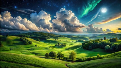 Wall Mural - Vibrant greenery sprawls across gentle hills under a brilliant blue sky, adorned with soft, fluffy clouds drifting lazily, creating a tranquil and picturesque scene.