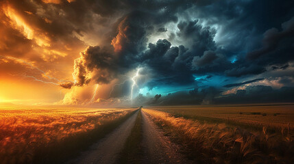 A dramatic storm with dark clouds and lightning over an open field