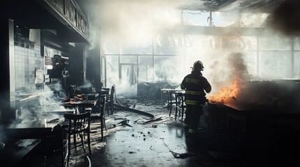 firefighter battling blaze in destroyed restaurant