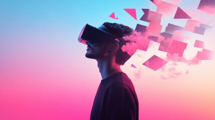 Wall Mural - a person wearing a vr headset exploring a fantastical digital world with vibrant colors and impossib