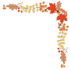 Wall Mural - Natural design vector collection - corner element of colorful acorns, leaves and berries. Theme of happy fall, forest, thanksgiving