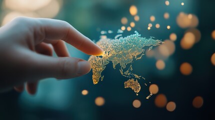 Wall Mural - a close up shot of a hand interacting with a holographic interface displaying a map of the world, re