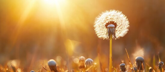 Canvas Print - Close-up of a dandelion seed head with the sun shining through its delicate white fluff, surrounded by other dandelions in a field.