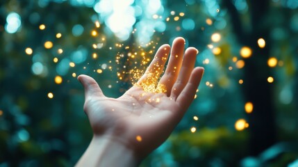 Poster - A close up shot of a hand reaching out to touch a floating, ethereal object, representing the exploration of the surreal and fantastical.