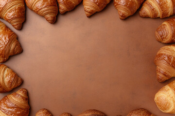 Crisp croissants and fluffy pastries create delightful arrangement on warm brown background, inviting sense of comfort and indulgence