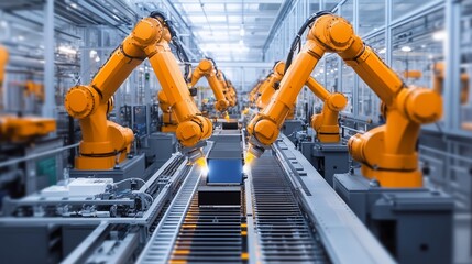 Poster - automated robotic arms sorting packages in a high-tech warehouse during daytime operations
