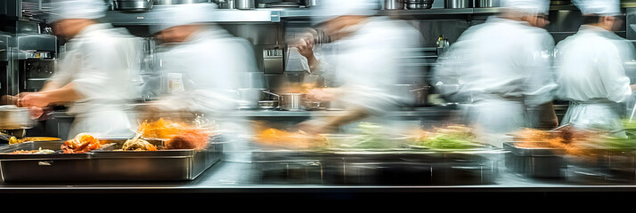 Wall Mural - Long exposure of a bustling kitchen with chefs preparing food, showing motion blur of their activity