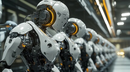 Advanced humanoid robots assembled in a futuristic manufacturing facility during daylight operations