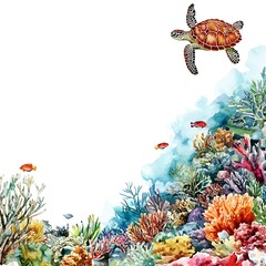 Canvas Print - Watercolor Illustration of a Sea Turtle Swimming Above Vibrant Coral Reef with Copy Space.