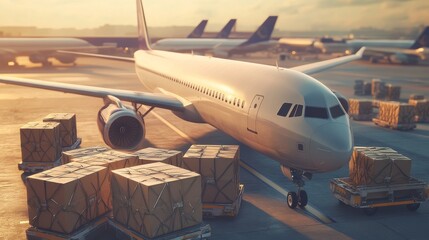 Canvas Print - A white airplane is parked on the tarmac next to a large number of boxes