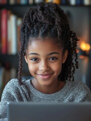 Wall Mural - Young Girl Smiling at Camera while Working on Laptop