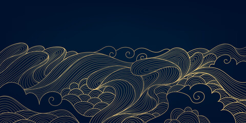 Wall Mural - vector wave line illustration, sea water pattern, curve graphic design element. gold flow oriental o