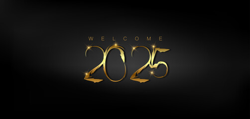 Wall Mural - Happy New Year 2025 in shimmering gold on a dark black background, representing a festive and hopeful start to the year