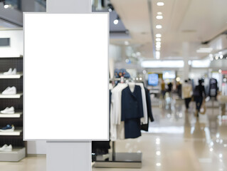 clear and sophisticated mock up display of white blank sign in modern retail store, showcasing stylish shopping environment with clothing and shoes