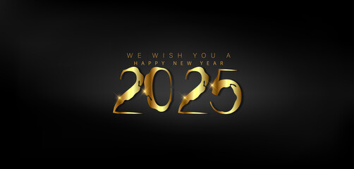 Wall Mural - Happy New Year 2025 in shimmering gold on a dark black background, representing a festive and hopeful start to the year