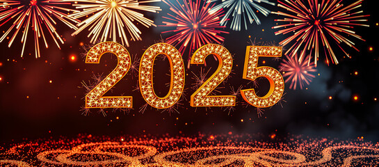 Happy New Year 2025. New Year's Eve Party background banner greeting card illustration decor 
 with text. Golden fireworks in the night sky. 2025 neon glowing text wallpaper. AI generated