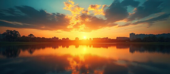 Wall Mural - Scenic view of a cityscape at sunset, with a lake reflecting the golden sky.