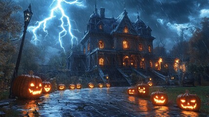 Spooky Haunted House Under a Stormy Sky with Glowing Pumpkins