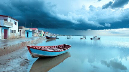 Wall Mural - Tranquil Seaside with Stormy Skies and Colorful Boats