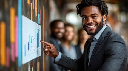 Wall Mural - A confident professional points to a bar graph on a wall display while colleagues observe during a productive meeting in a contemporary workspace