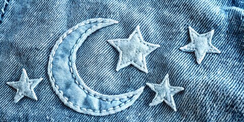 Embroidered denim fabric featuring a crescent moon and stars design in soft blue tones on a light wash background