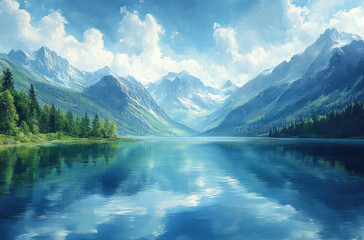 Naklejka na meble Calm Lake Surrounded by Mountains: A Serene Impressionist Painting for Tranquil Spaces and Nature
