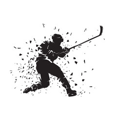 Wall Mural - Hockey player shooting puck, isolated vector silhouette, ink drawing. Side view. Ice hockey winter team sport