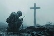 © kavinda - A contemplative scene of a soldier kneeling in prayer, rain falling heavily, with a cross in the background shrouded in mist