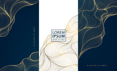 Poster - Vector set of elegant glitter sea fames, luxury art deco wave covers, modern white and blue golden illustrations. Fancy wine package, ocean posters