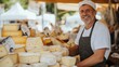 © Art Fusion - Local cheese seller at market, bright day, clean background, minimal elements, copy space