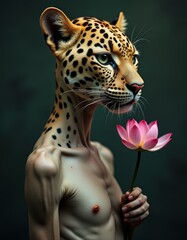 Wall Mural - Portrait of a Anthropomorphic leopard holds a lotus flower.