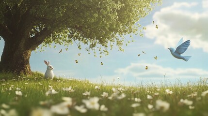 Wall Mural - a tranquil spring day with a rabbit under a tree, colorful butterflies fluttering, and a bluebird fl
