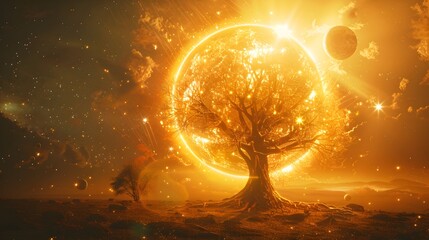 Wall Mural - cosmic tree of life glowing sun as celestial tree with planetary orbs
