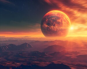 Wall Mural - dramatic alien landscape with vibrant sunrise or sunset over the horizon