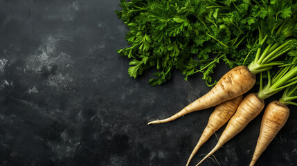 Wall Mural - Parsnip Harvest Bounty:  A rustic still life showcasing fresh, organic parsnips with vibrant green tops, arranged on a dark textured background.  Perfect for culinary blogs, farm-to-table concepts.