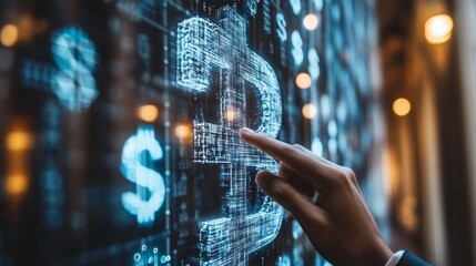 Poster - A person is pointing at a screen with a large B and a bunch of dollar signs
