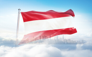 Austria flag wavering in beautiful clouds with building skyline. The flag with drone shot in beautiful sky. Austria national flag for independence day.