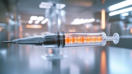 Poster - A transparent syringe filled with bright orange liquid is suspended mid-air in a sleek laboratory. The environment features advanced technology with soft lighting giving it a futuristic feel.