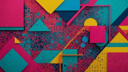 Poster - Colorful abstract geometric shapes and patterns with splashes of vibrant colors including pink, blue, yellow, and orange