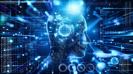 Poster - A futuristic composition with human and digital components. Artificial intelligence concept animation.