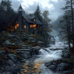 Canvas Print - Cabin by the Waterfall in a Misty Forest