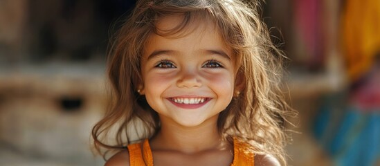 Wall Mural - Portrait of a happy little girl smiling and looking at the camera.