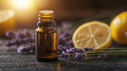 Aromatic lavender essential oil bottle with fresh lemon slices and lavender flowers on a rustic table.