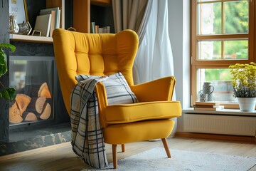 Interior of bright living room with yellow comfortable armchair with plaid and pillow