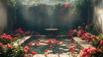 Sticker - Serene Garden Fountain with Red Flowers and Lush Greenery