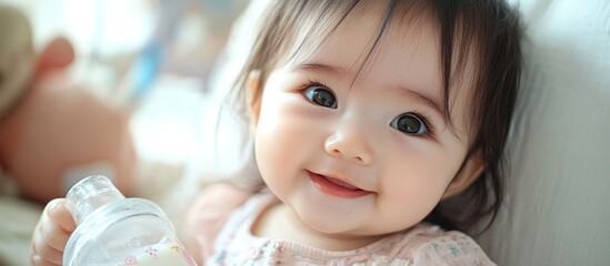 Poster - A cute baby girl with big brown eyes smiles while holding a bottle.