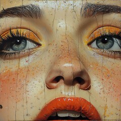 Canvas Print - Close-up Portrait of a Woman with Yellow Eyeshadow and Red Lips