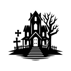 A Haunted House With Tree And Cross Icon Silhouette vector illustration