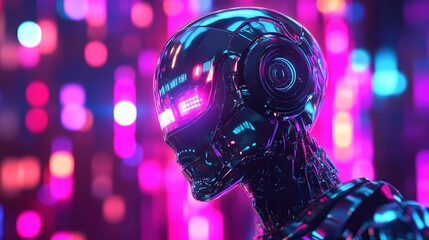 Robot or Artificial Human made of iridescent plastic material in neon lights. 3d rendering illustration in sci-fi futuristic style. 